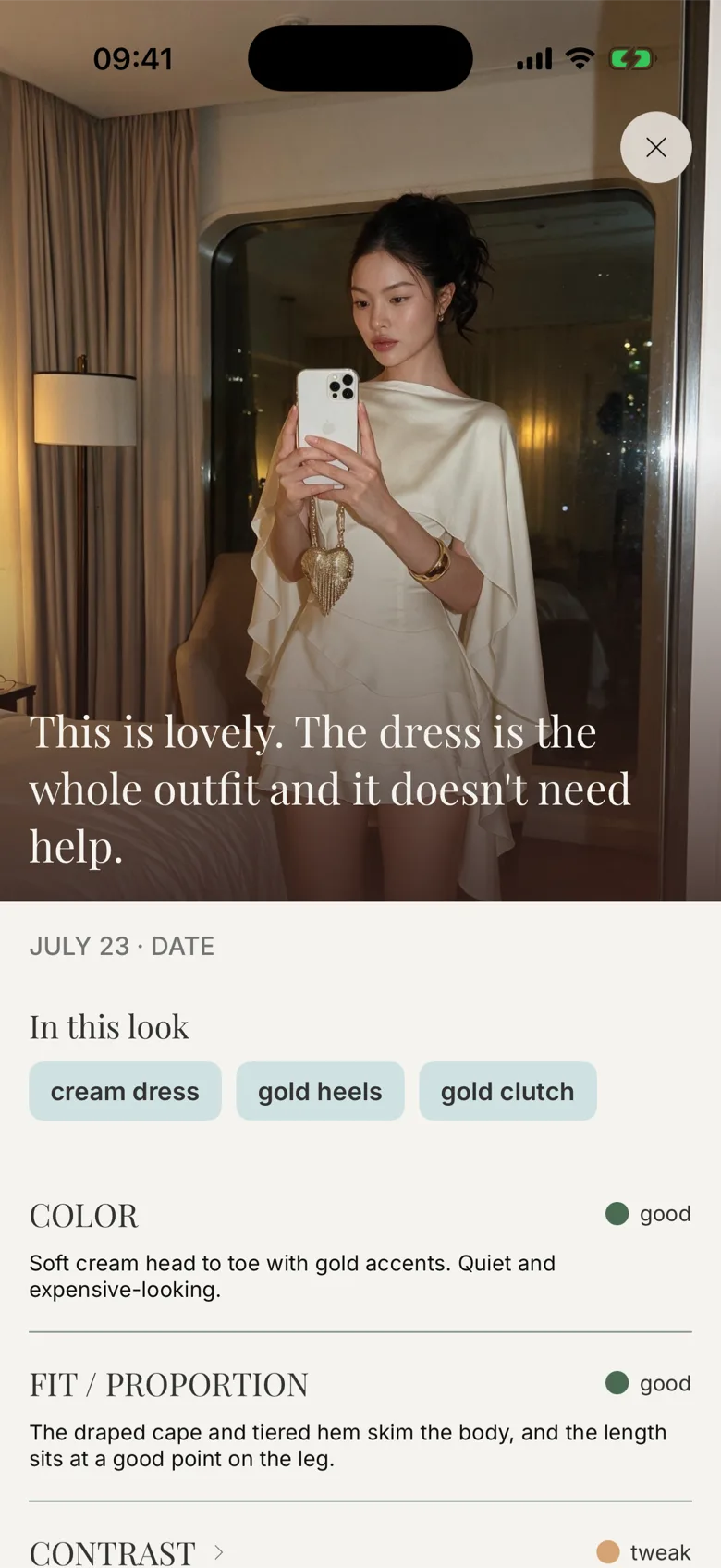 Natty reading an outfit: color and fit, marked good or worth a tweak.